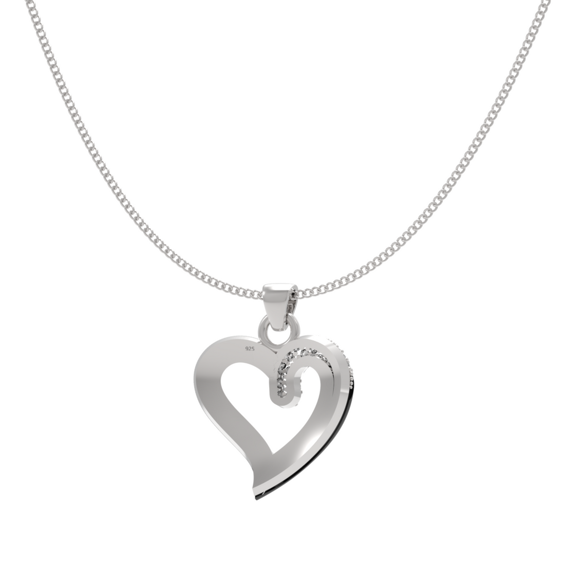 Chic Black Heart Pendant With Chain, Hallmarked 925 Sterling Silver