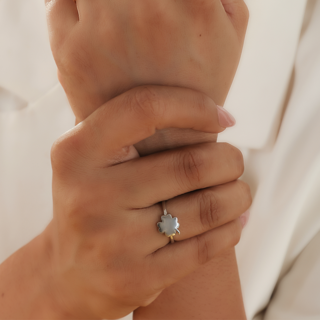 Clover Design Solid Proposal Ring, Hallmarked 925 Sterling Silver White Gold