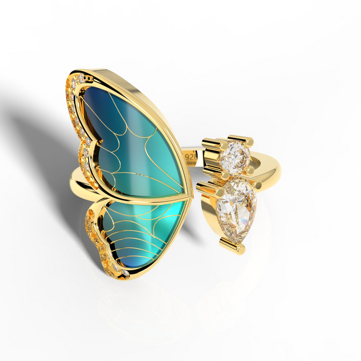 Colorful Butterfly Open Ring for Her – Hallmarked 925 Sterling Silver Yellow Gold Plated | Vibrant & Elegant Jewelry