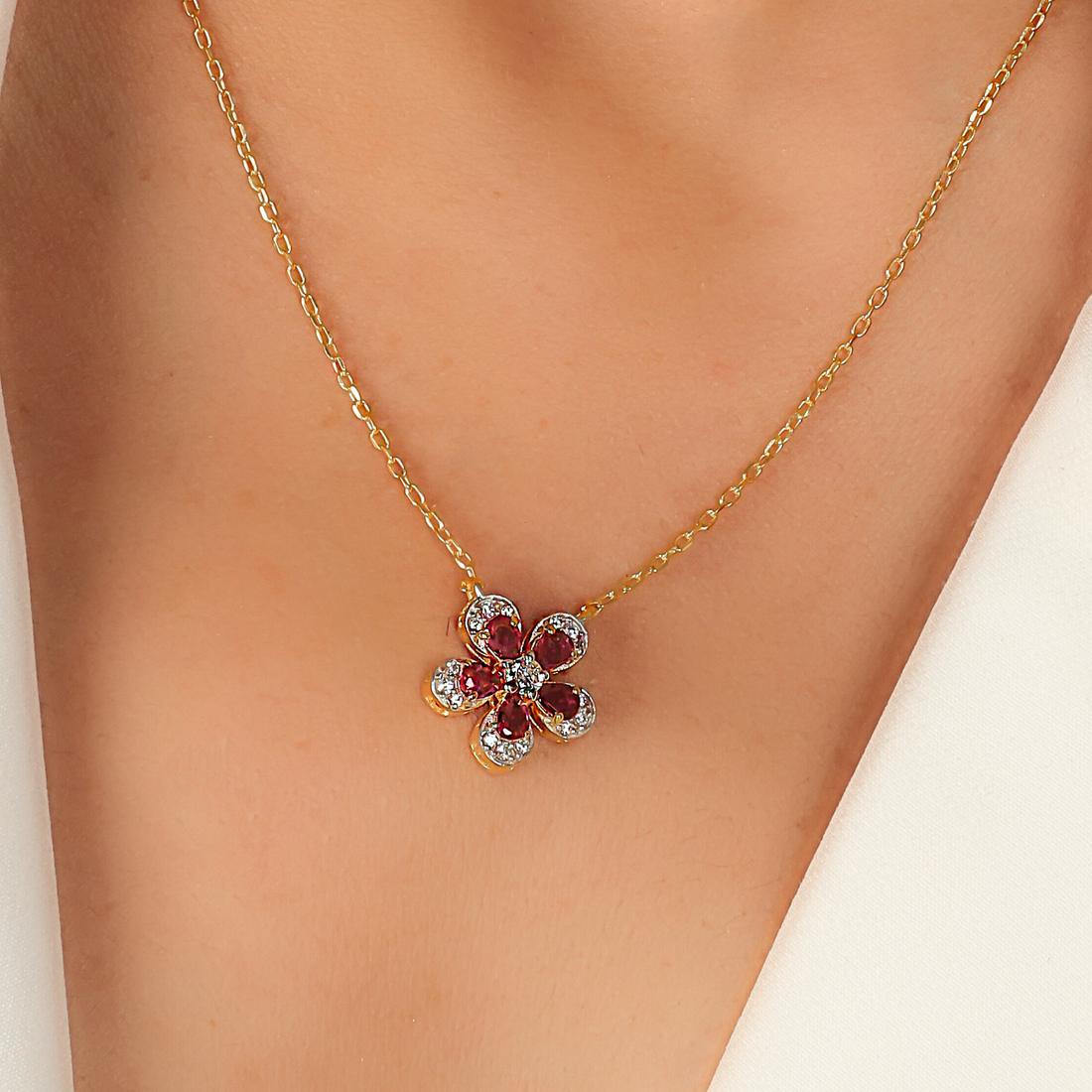 Daisy Flower Ruby Pendant With Chain, Hallmarked 925 Sterling Silver