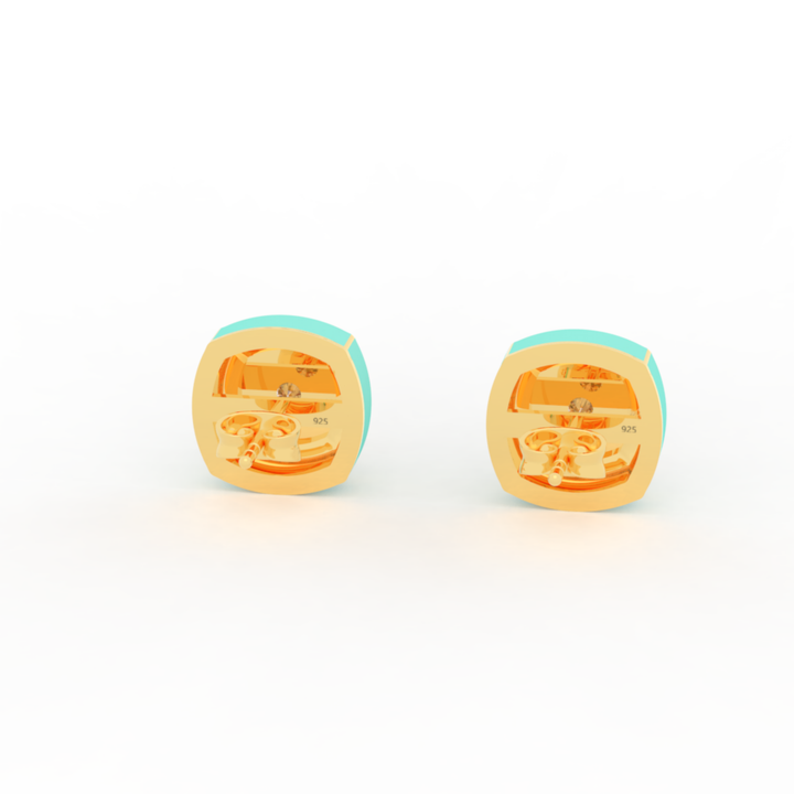 Enameling Square Cut Statement Stud Earrings, Hallmarked 925 Sterling Silver