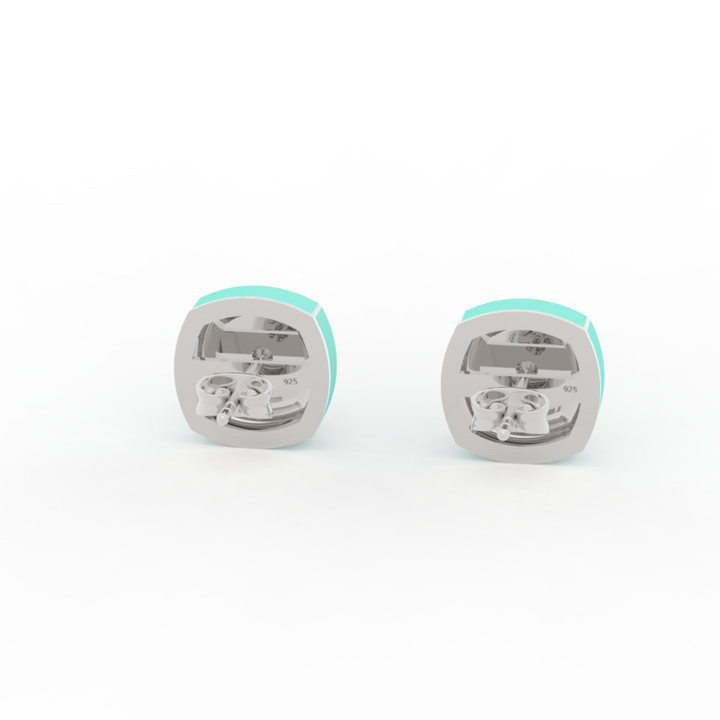 Enameling Square Cut Statement Stud Earrings, Hallmarked 925 Sterling Silver