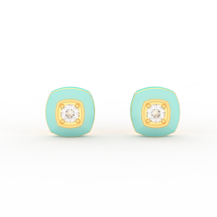 Enameling Square Cut Statement Stud Earrings, Hallmarked 925 Sterling Silver