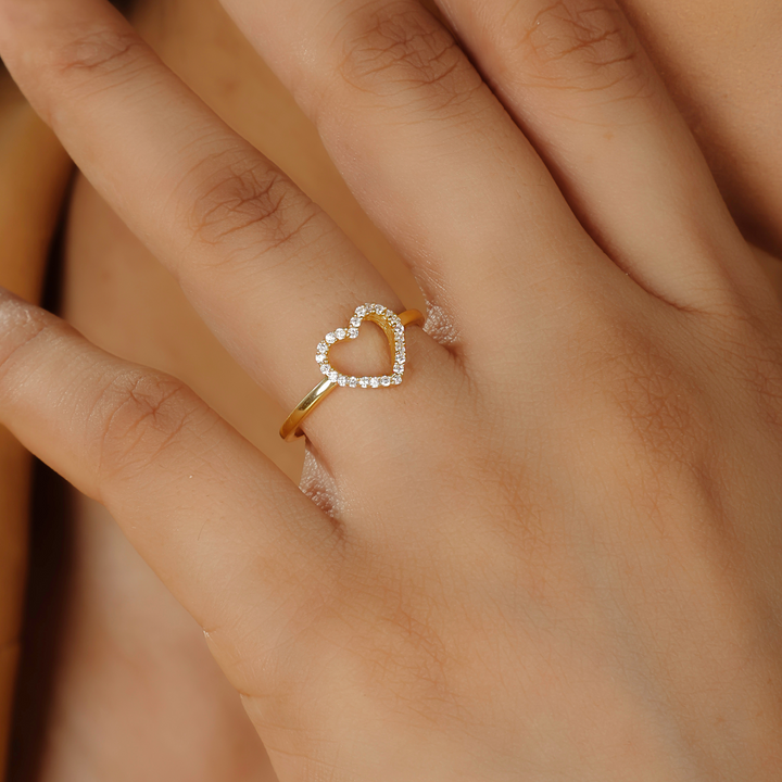 Valentine's Fall in Love Heart Shaped Pavé Ring – Hallmarked 925 Sterling Silver Yellow Gold Plated | Romantic & Elegant Jewelry