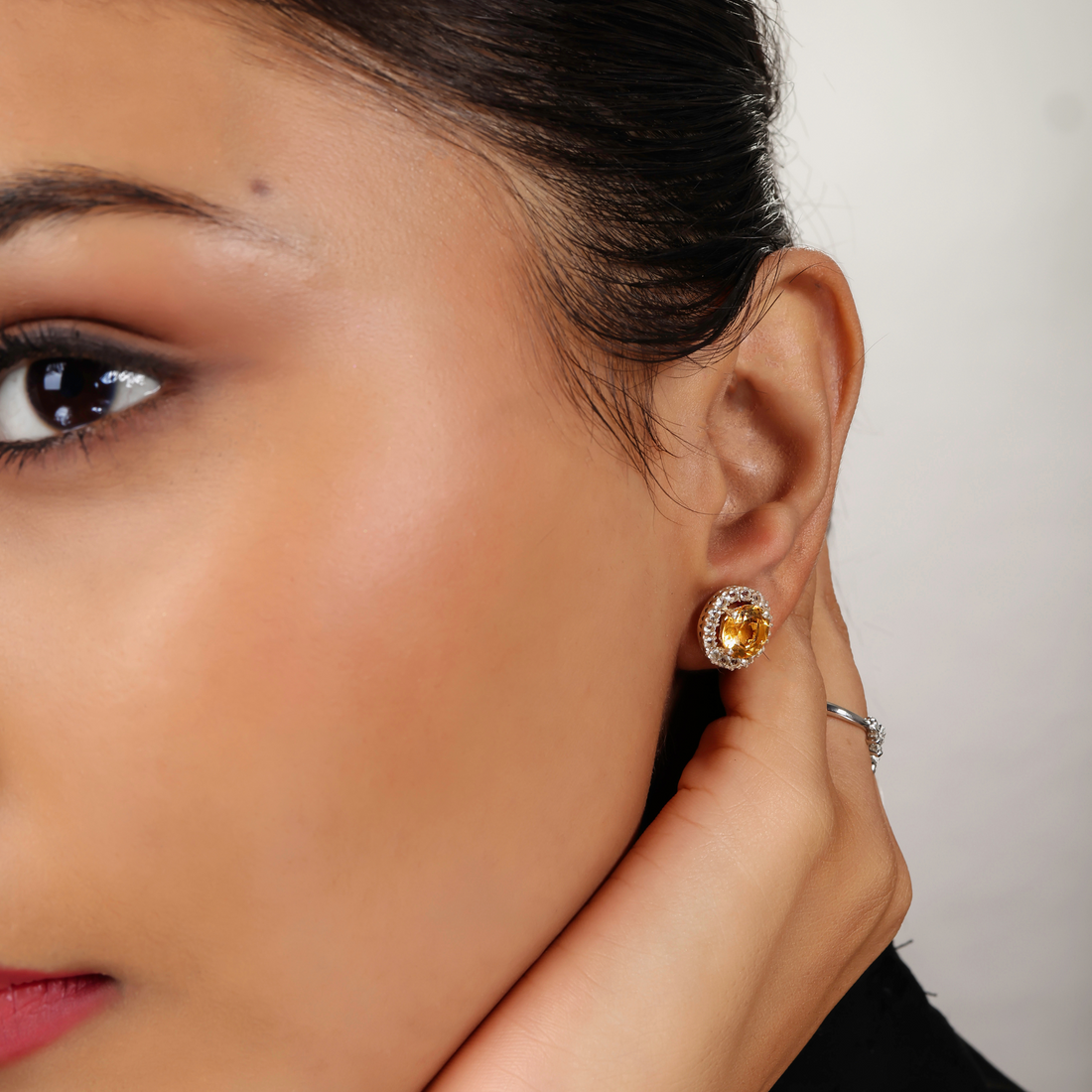 Halo Citrine Solitaire Stud For Anniversary Present, Hallmarked 925 Sterling Silver