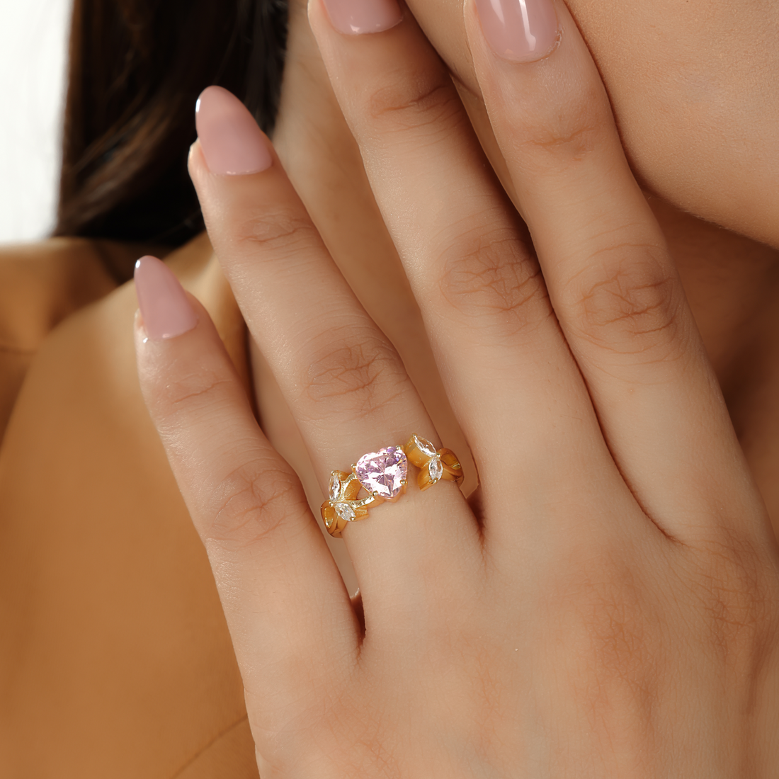 Valentine Heart And Leaves Band Engagement Ring- Hallmarked 925 Sterling Silver Yellow Gold