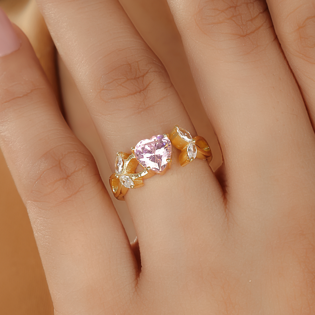 Valentine Heart And Leaves Band Engagement Ring- Hallmarked 925 Sterling Silver Yellow Gold