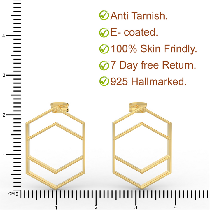 Hexagon Chic Gold Plated Earrings, Hallmarked 925 Sterling Silver