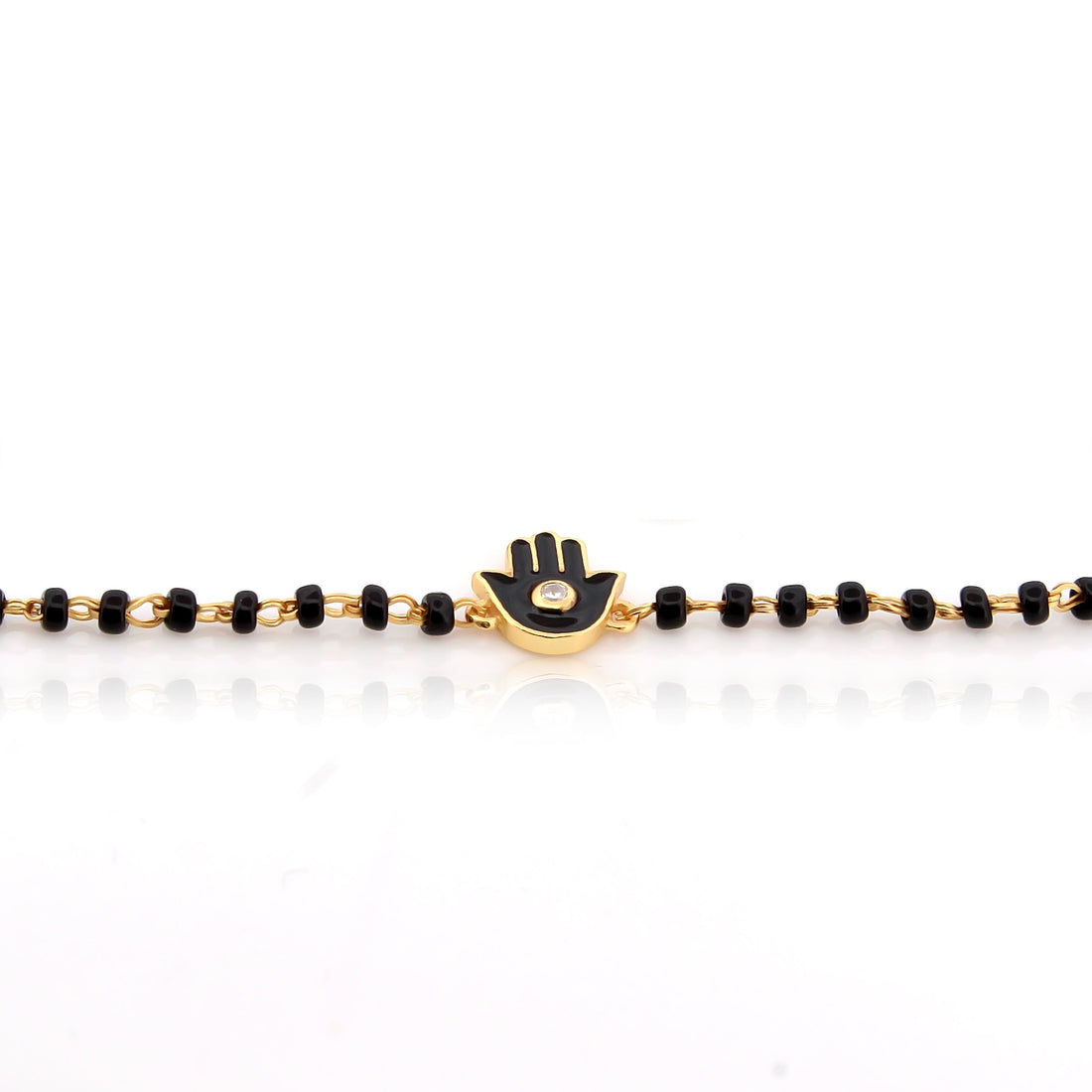 Black Enamel Evil Eye Buddha Hand black beads Bracelet – 18KT Gold Plated | 925 Sterling Silver | Strength, Elegance & Protection