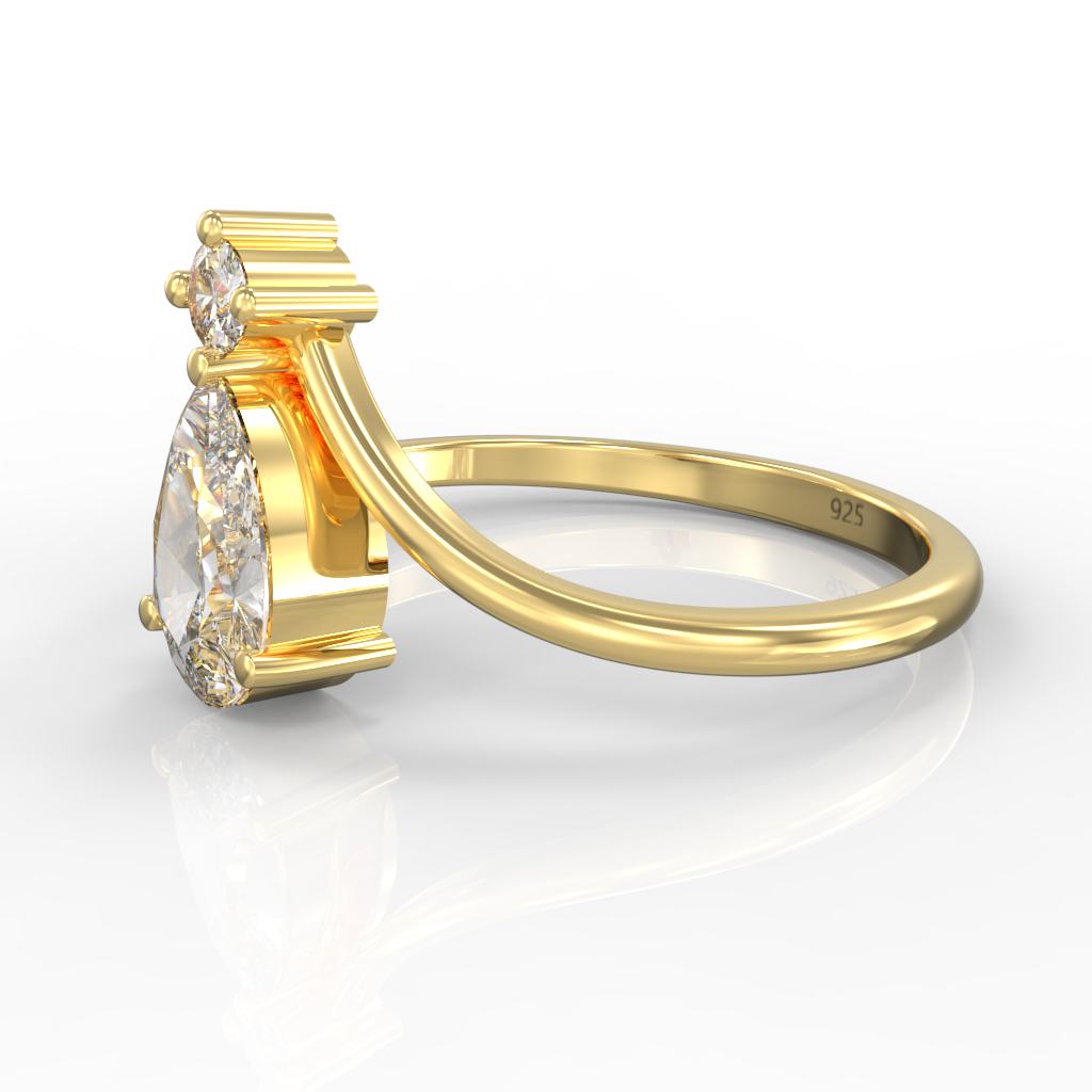 Asymmetric Pear Chevron Engagement Ring – Hallmarked 925 Sterling Silver Yellow Gold Plated | Unique & Elegant Jewelry