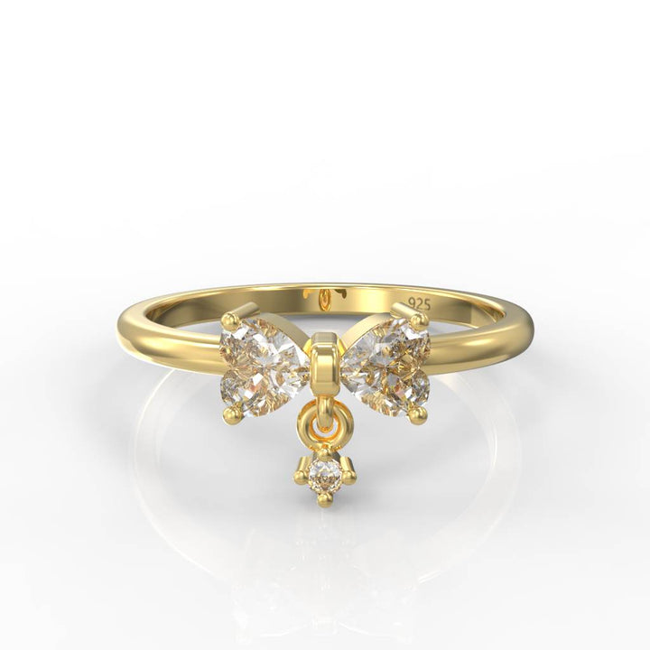 Sparkling Bow Charm Engagement Ring – Hallmarked 925 Sterling Silver Yellow Gold Plated | Elegant & Romantic Jewelry