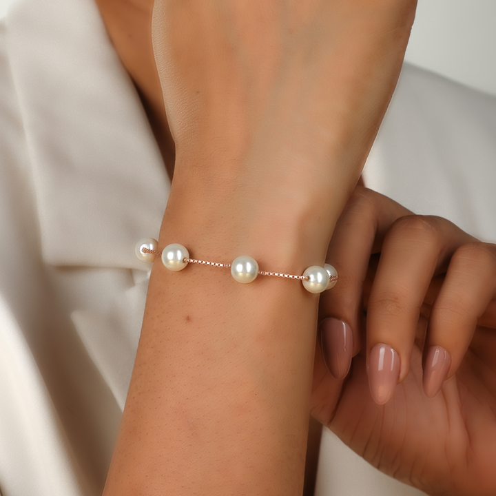 Modern Pearl Station Chain Bracelet For women, Hallmarked 925 Sterling Silver