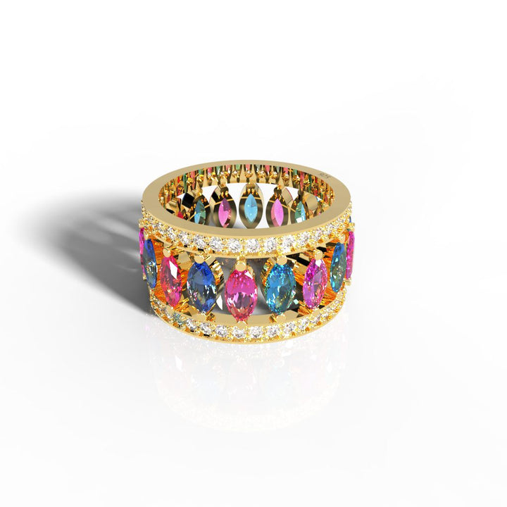 Multi Gemstone Wide Wedding Band, Hallmarked 925 Sterling Silver