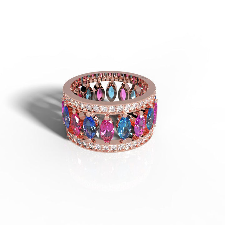 Multi Gemstone Wide Wedding Band, Hallmarked 925 Sterling Silver