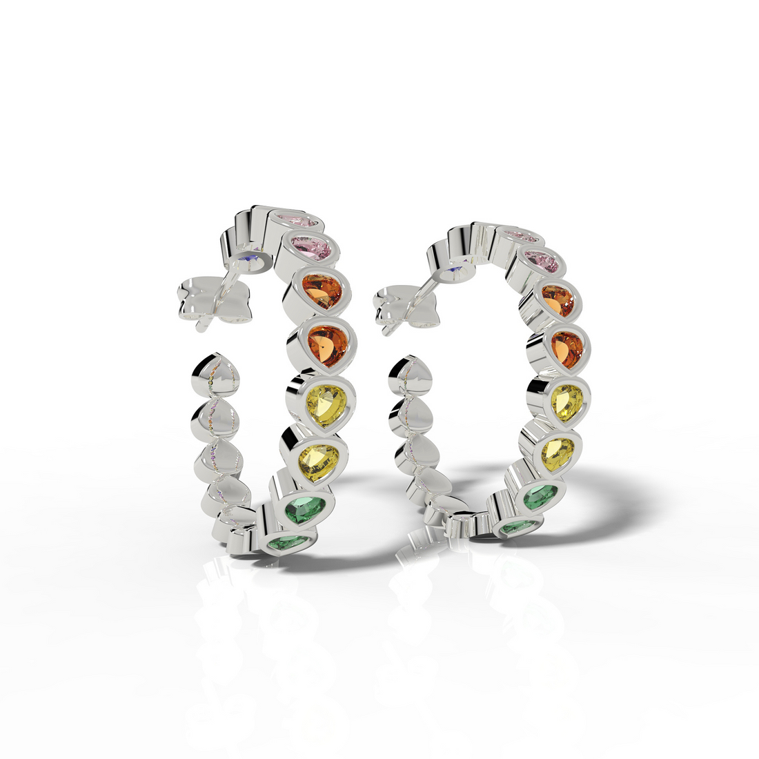 Pear Cut Rainbow Sapphire Huggie Hoop Earring, Hallmarked 925 Sterling Silver
