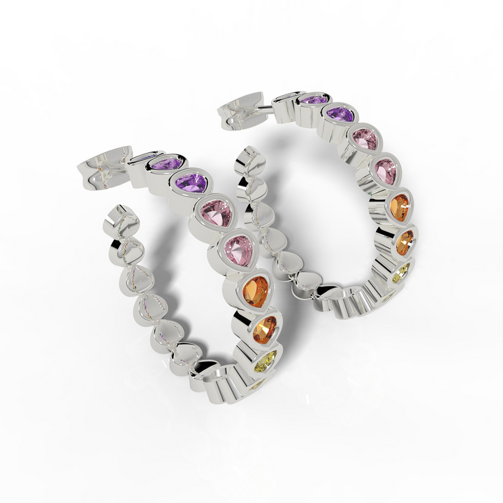 Pear Cut Rainbow Sapphire Huggie Hoop Earring, Hallmarked 925 Sterling Silver