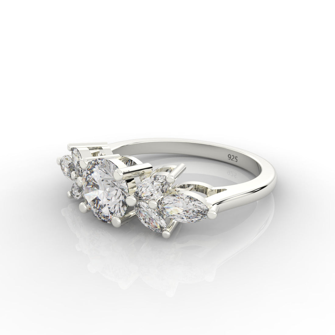 Round & Marquise Cluster Wedding Ring, Hallmarked 925 Sterling Silver
