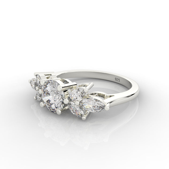 Round & Marquise Cluster Wedding Ring, Hallmarked 925 Sterling Silver