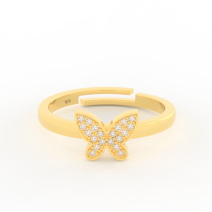 Shimmery Butterfly Cute Ring- Hallmarked 925 Sterling Silver Yellow Gold