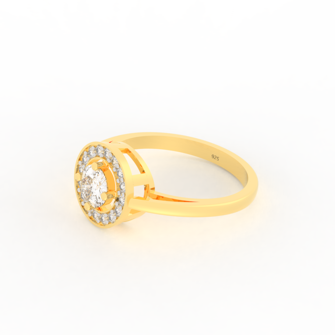 Solitaire Halo Engagement Ring, Hallmarked 925 Sterling Silver Yellow Gold