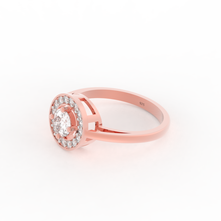 Solitaire Halo Engagement Ring, Hallmarked 925 Sterling Silver Rose Gold