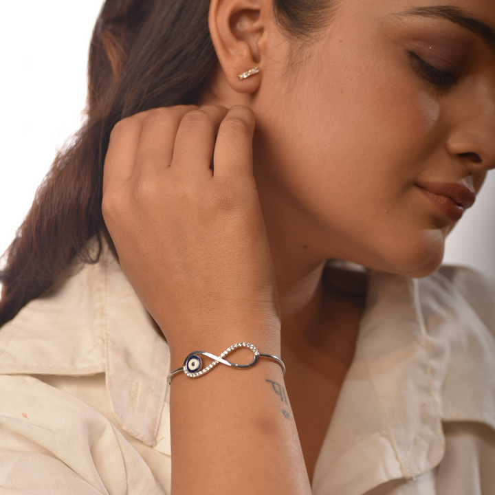 Sparkling Infinity Evil Eye Bangle Bracelet For Her, Hallmarked 925 Sterling Silver