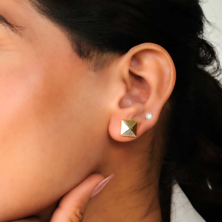 Stylish Pyramid Square Shape Stud Earrings, Hallmarked 925 Sterling Silver