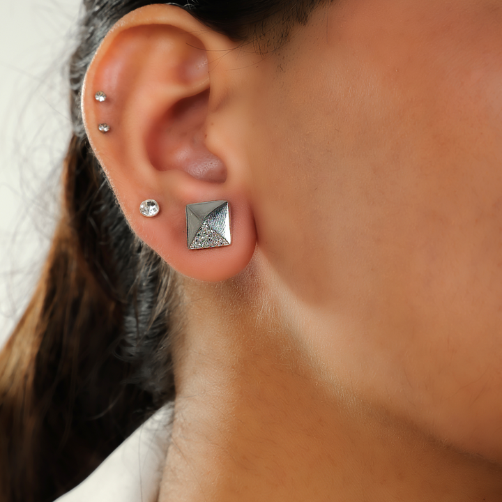 Stylish Pyramid Square Shape Stud Earrings, Hallmarked 925 Sterling Silver