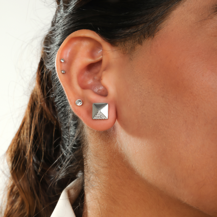 Stylish Pyramid Square Shape Stud Earrings, Hallmarked 925 Sterling Silver