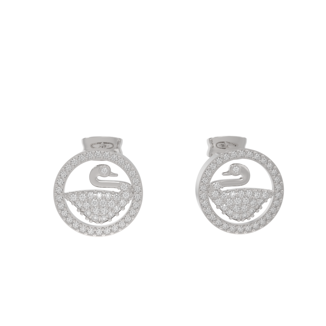 Swan Accent Round Stud Earrings, Hallmarked 925 Sterling Silver