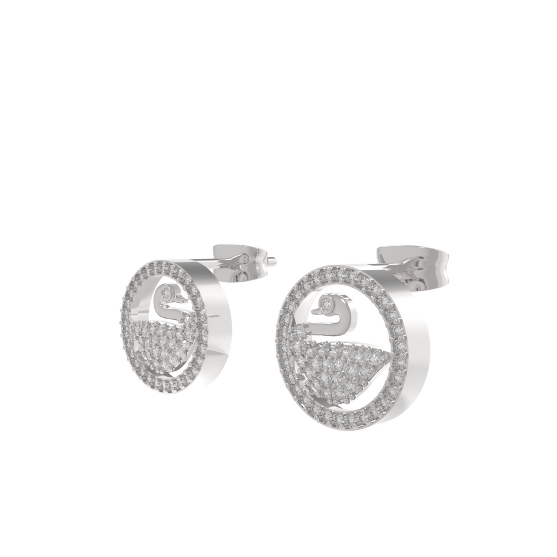Swan Accent Round Stud Earrings, Hallmarked 925 Sterling Silver