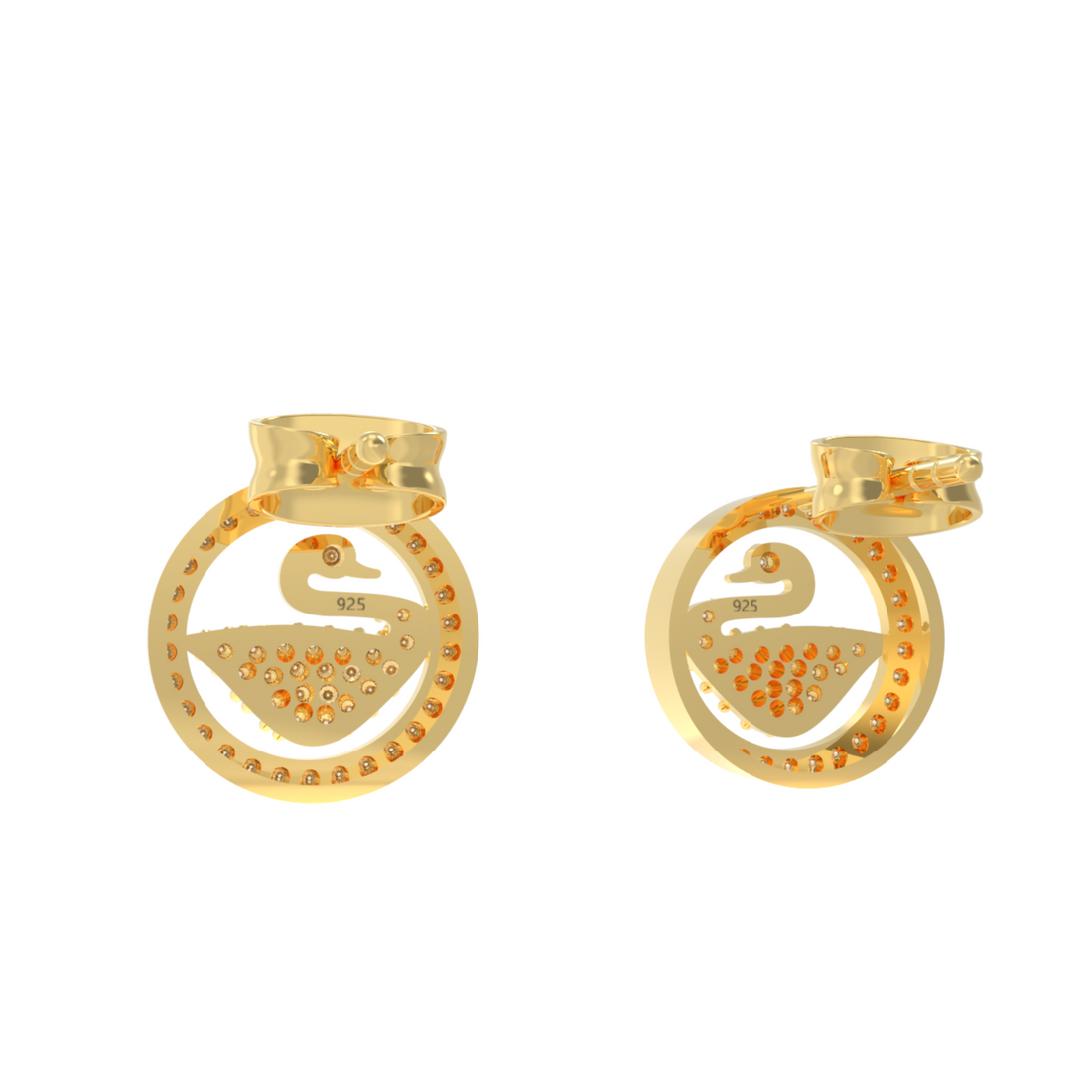 Swan Accent Round Stud Earrings, Hallmarked 925 Sterling Silver