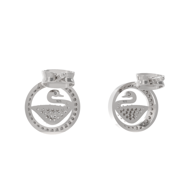 Swan Accent Round Stud Earrings, Hallmarked 925 Sterling Silver