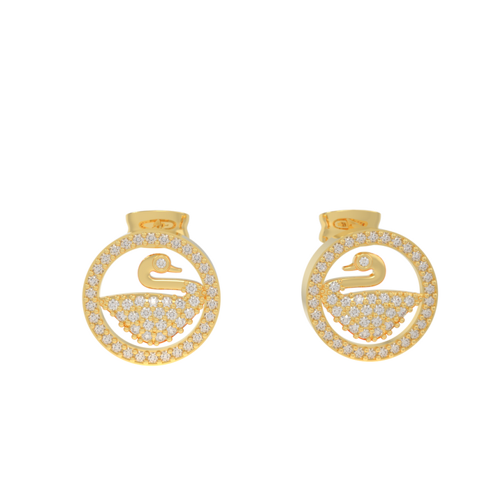 Swan Accent Round Stud Earrings, Hallmarked 925 Sterling Silver