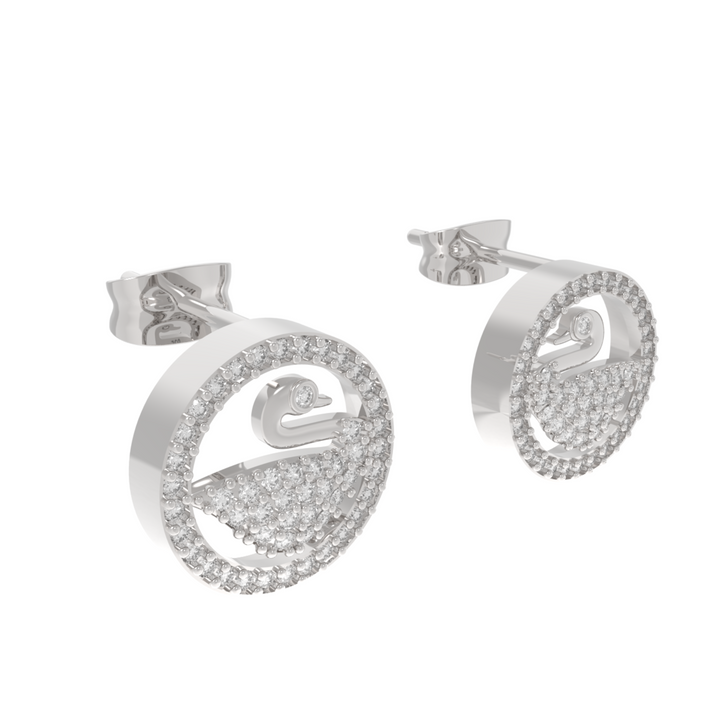 Swan Accent Round Stud Earrings, Hallmarked 925 Sterling Silver