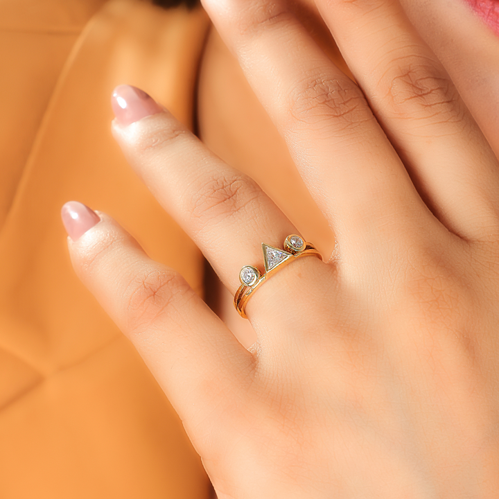 Three Stone Statement Ring, Hallmarked 925 Sterling Silver Yellow Gold