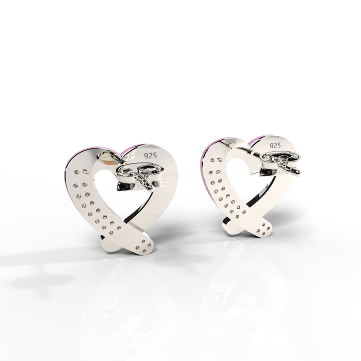 Trendy Heart Shape Partywear Pink Enamel  Stud Earrings, Hallmarked 925 Sterling Silver