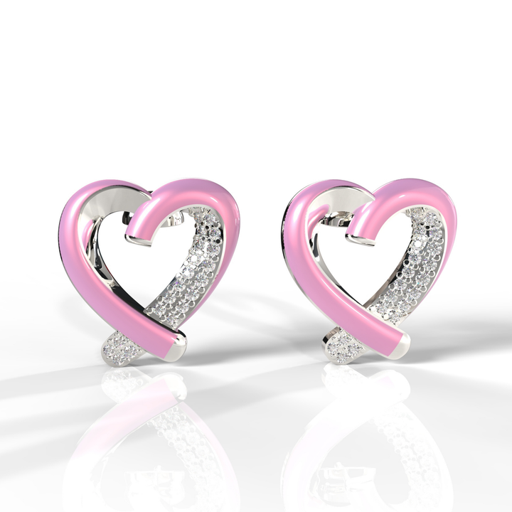 Trendy Heart Shape Partywear Pink Enamel  Stud Earrings, Hallmarked 925 Sterling Silver