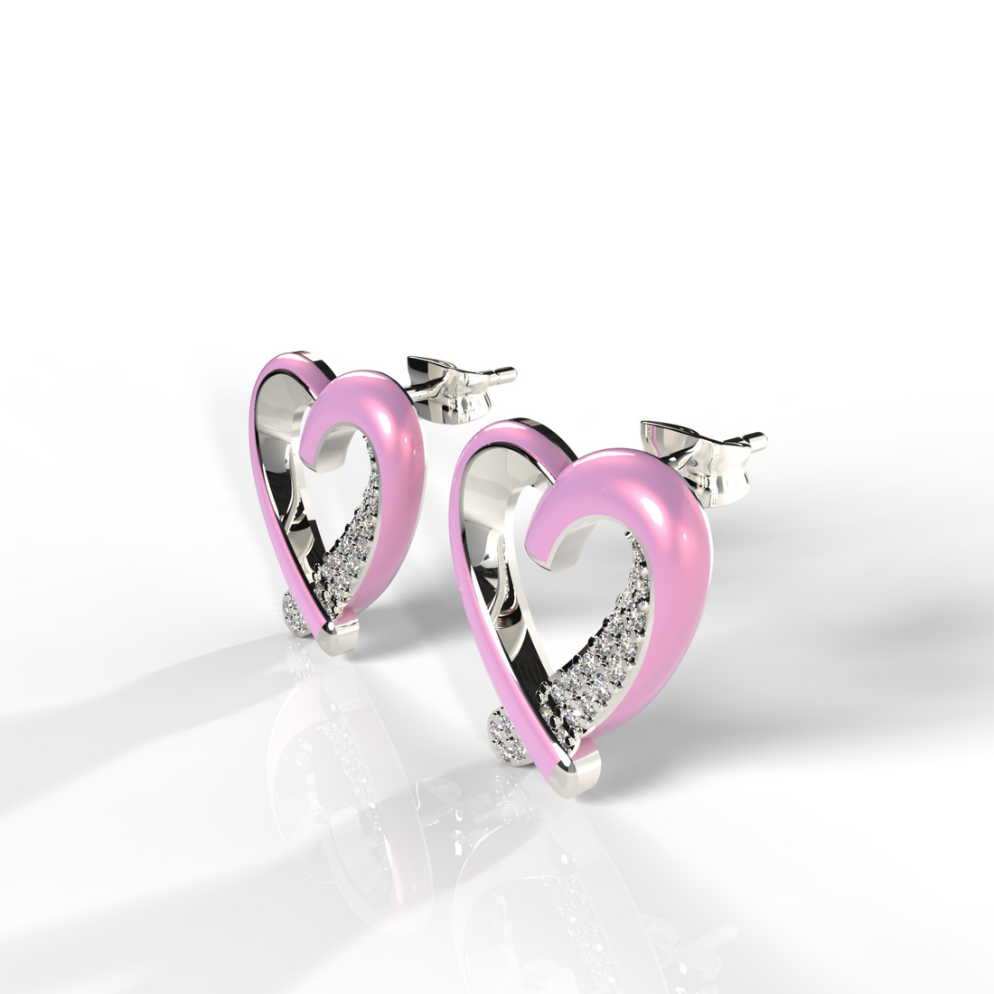 Trendy Heart Shape Partywear Pink Enamel  Stud Earrings, Hallmarked 925 Sterling Silver