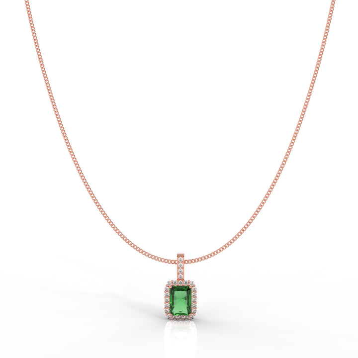 Octagon Cut Emerald Halo Pendant With Chain, Hallmarked 925 Sterling Silver