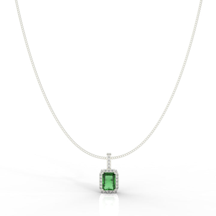 Octagon Cut Emerald Halo Pendant With Chain, Hallmarked 925 Sterling Silver