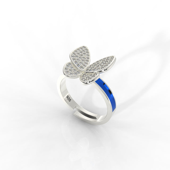 Elegant Blue Enamel Butterfly Ring for Women – Hallmarked 925 Sterling Silver, White Gold Plated, Perfect for All Occasions
