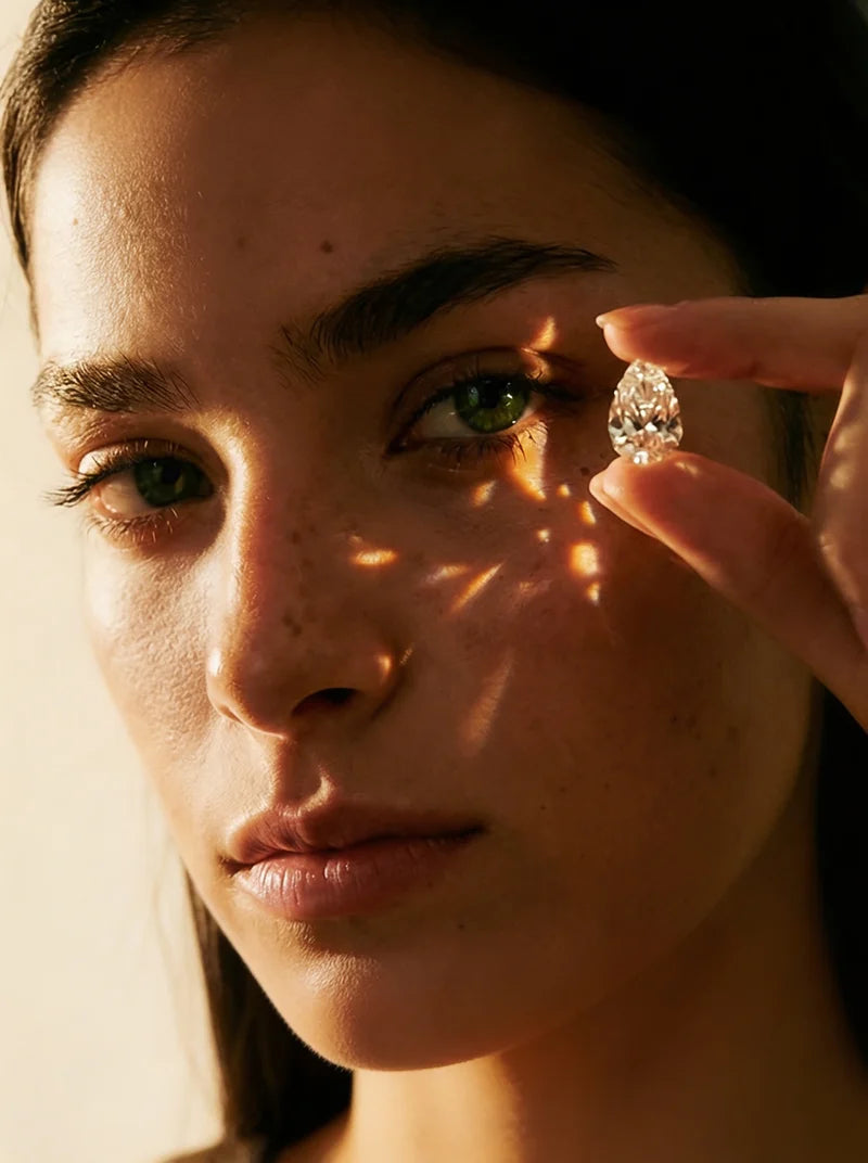 Model holding diamond near eye