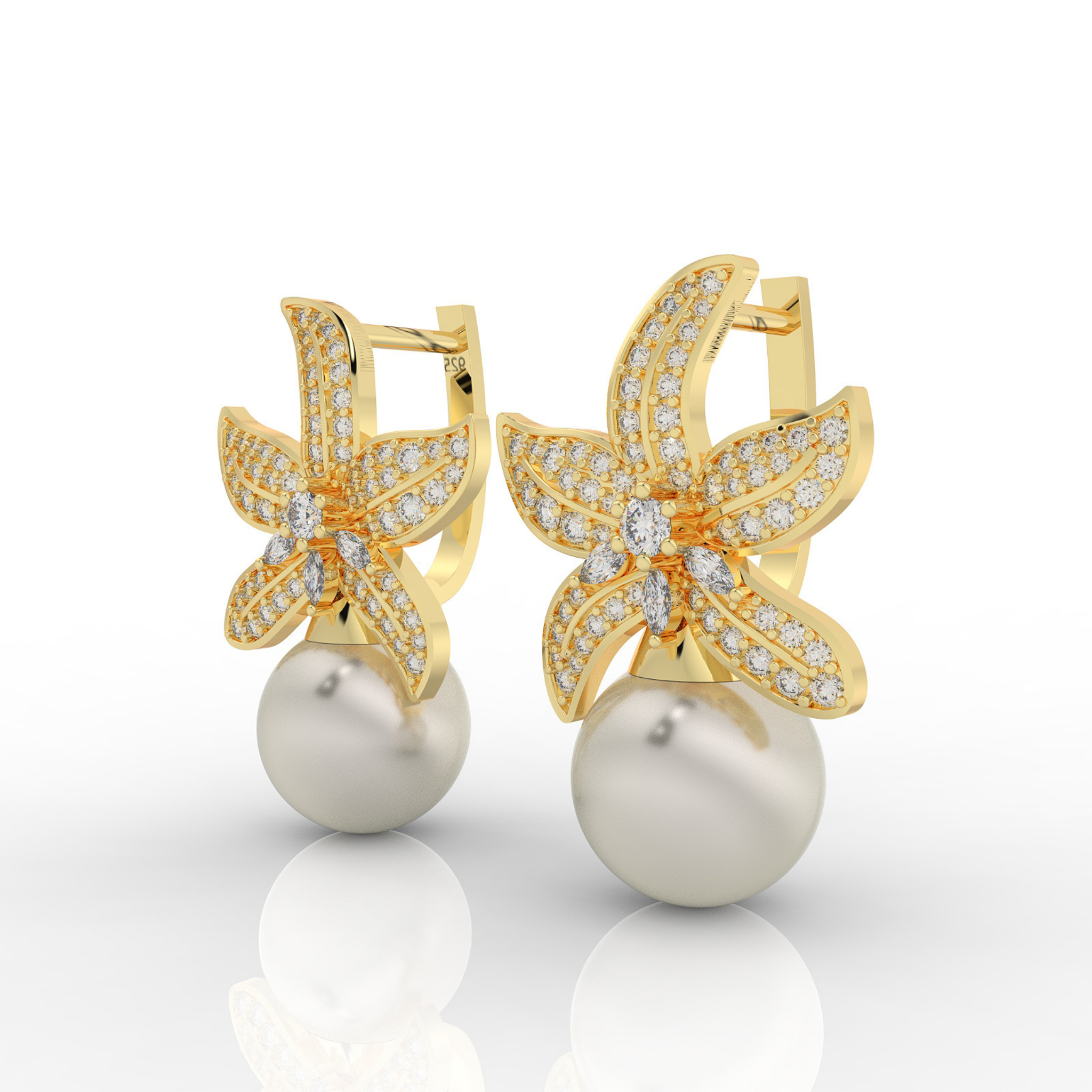 Cocktail Star Fish Pearl Dangle Earrings, Hallmarked 925 Sterling Silver