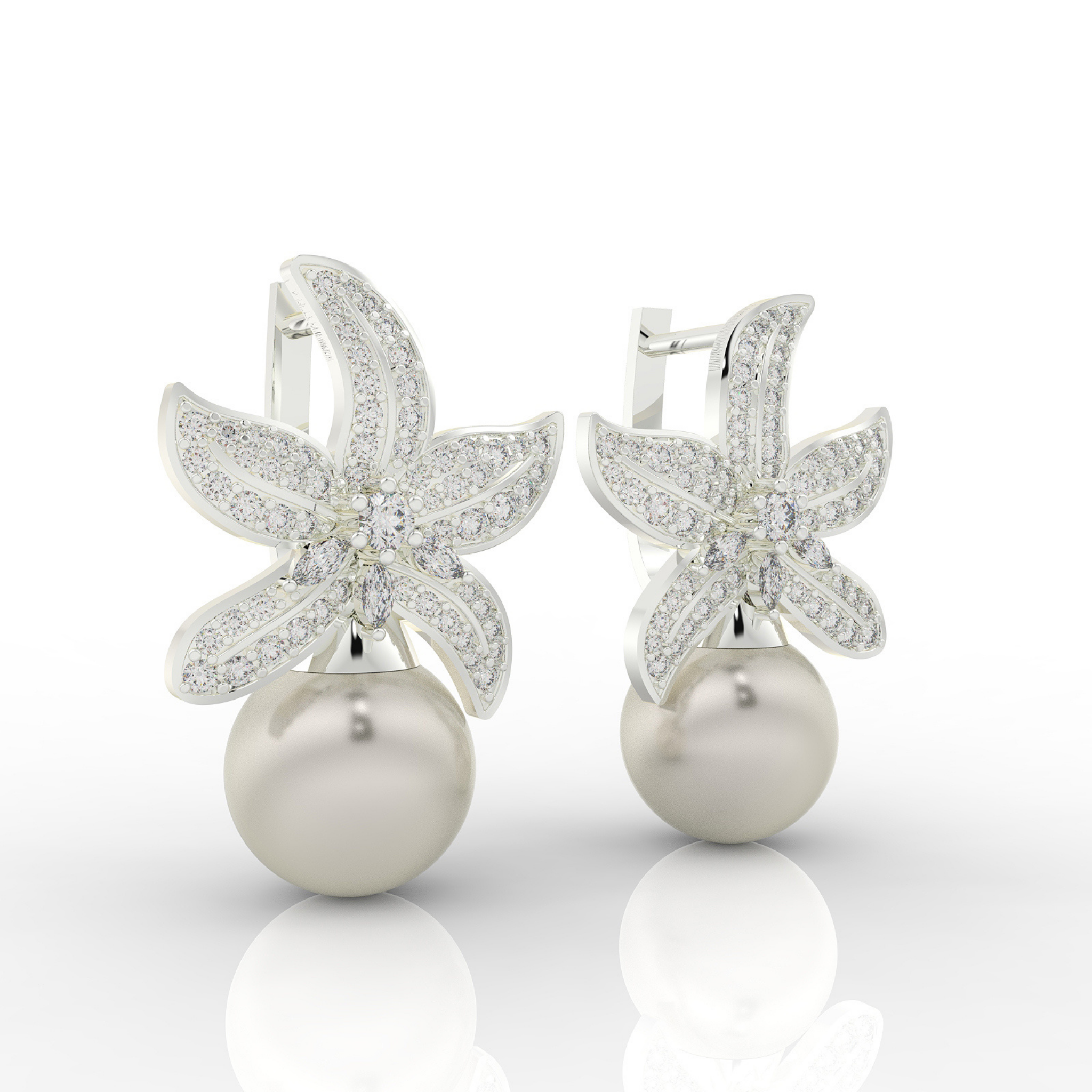 Cocktail Star Fish Pearl Dangle Earrings, Hallmarked 925 Sterling Silver