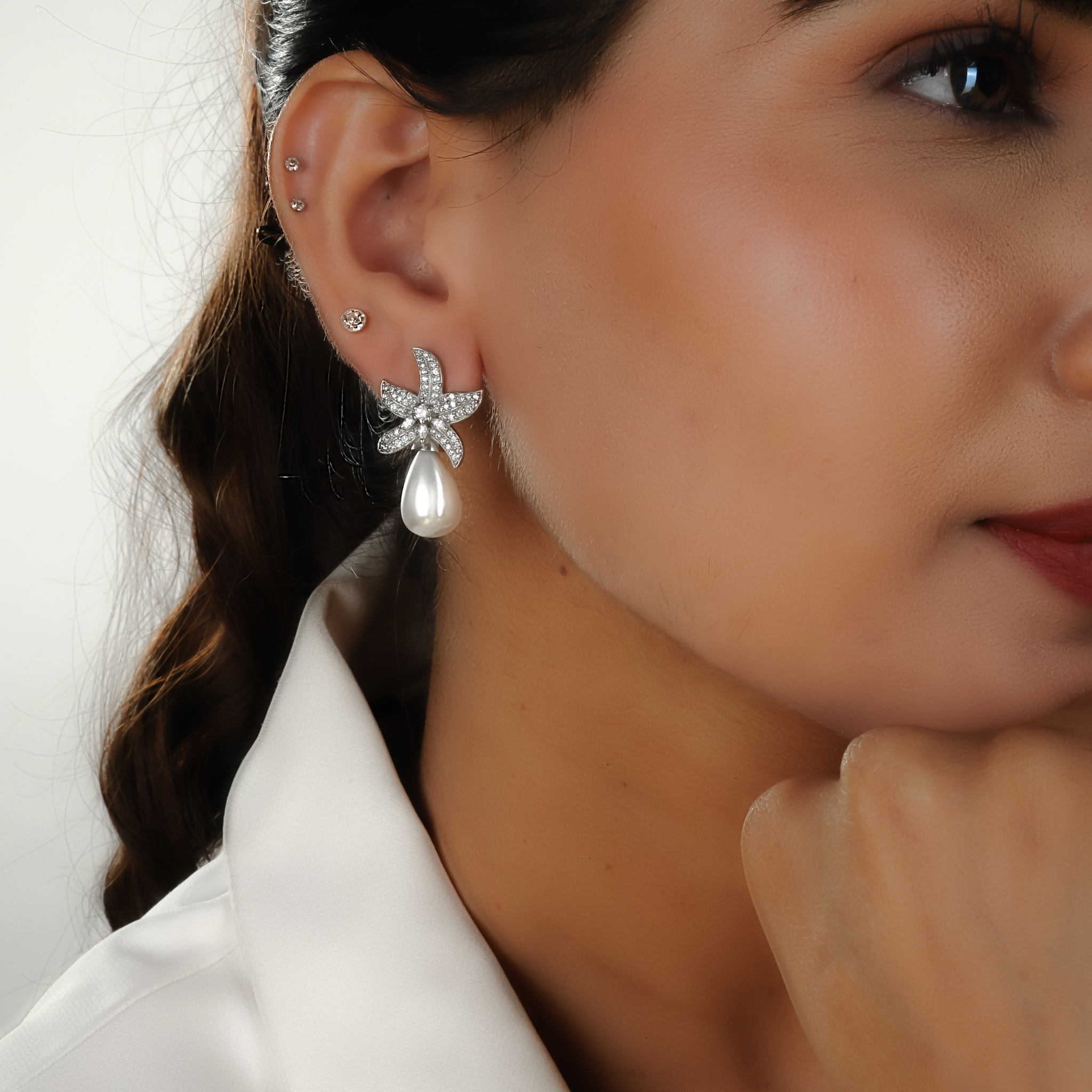 Cocktail Star Fish Pearl Dangle Earrings, Hallmarked 925 Sterling Silver