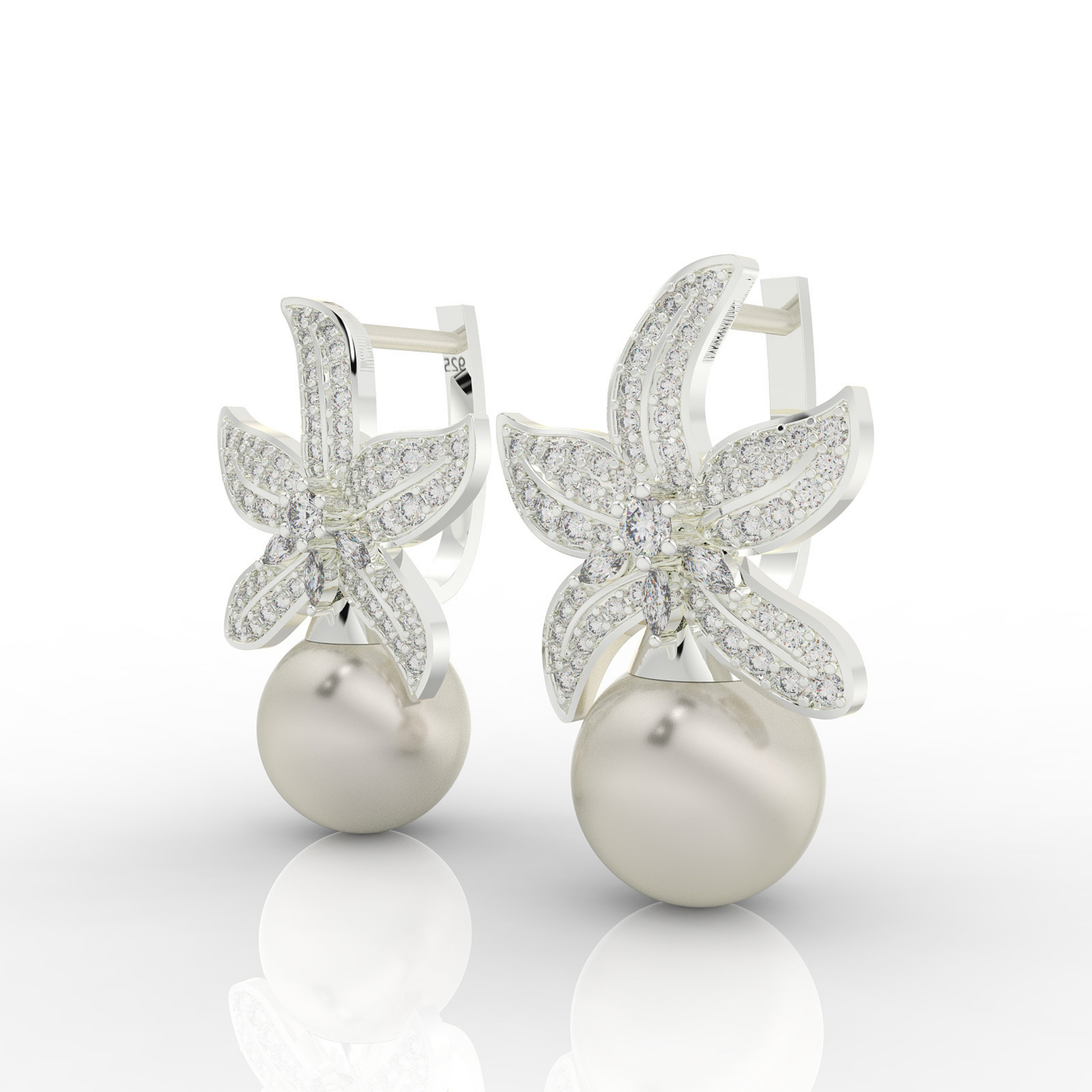 Cocktail Star Fish Pearl Dangle Earrings, Hallmarked 925 Sterling Silver