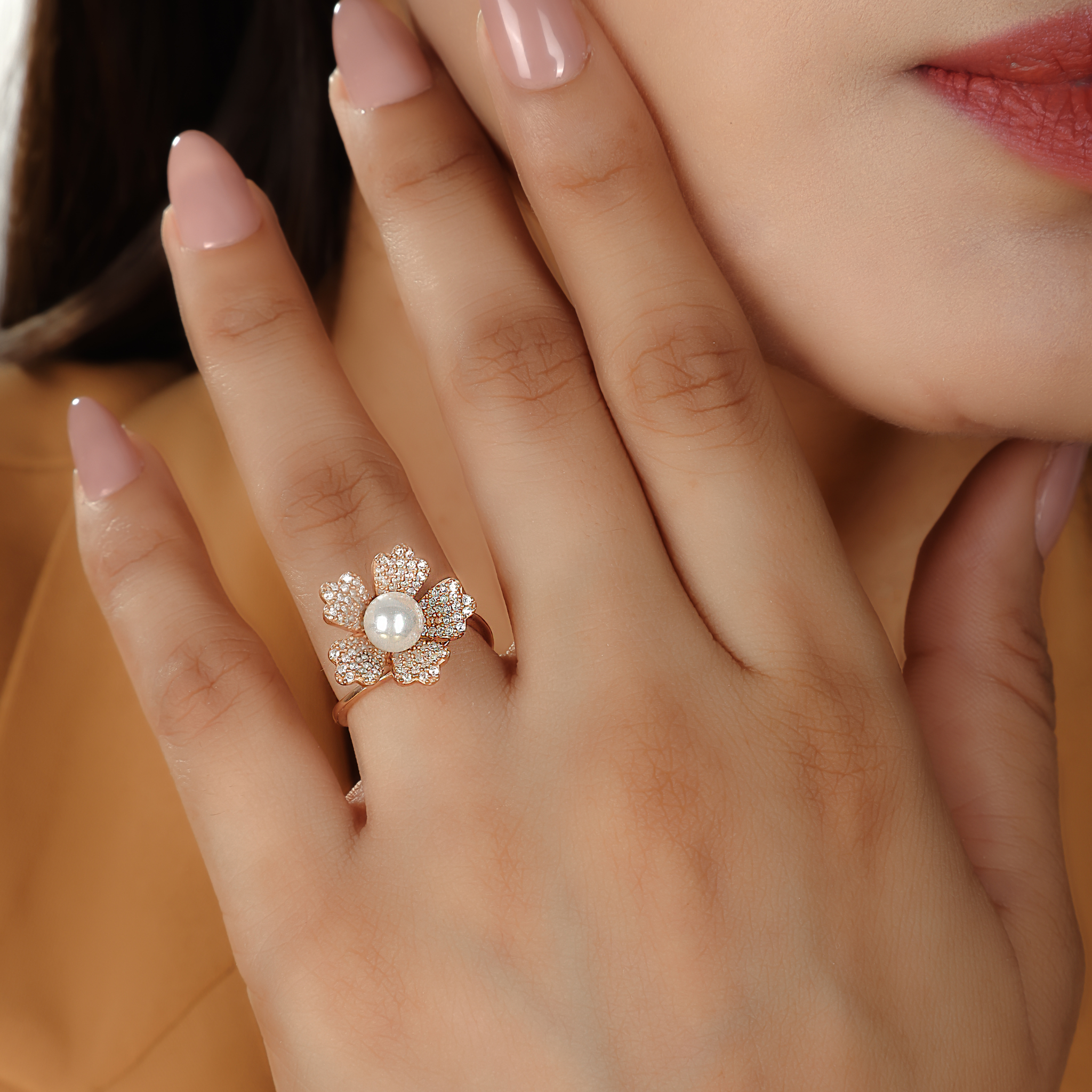 Daisy Pearl Stone Engagement Ring, Hallmarked 925 Sterling Silver Rose Gold