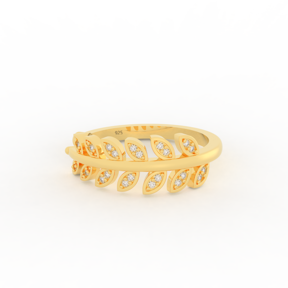 Desiring Leaf Pattern Open Ring Yellow Gold Plated- Hallmarked 925 Sterling Silver Yellow Gold