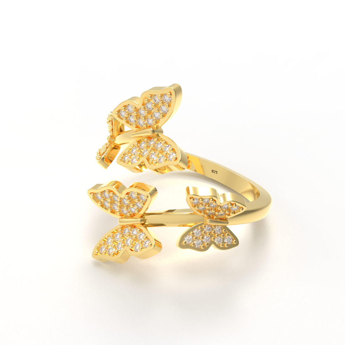 Elegant Butterfly Wrap Around Ring Yellow Gold Plated, Hallmarked 925 Sterling Silver